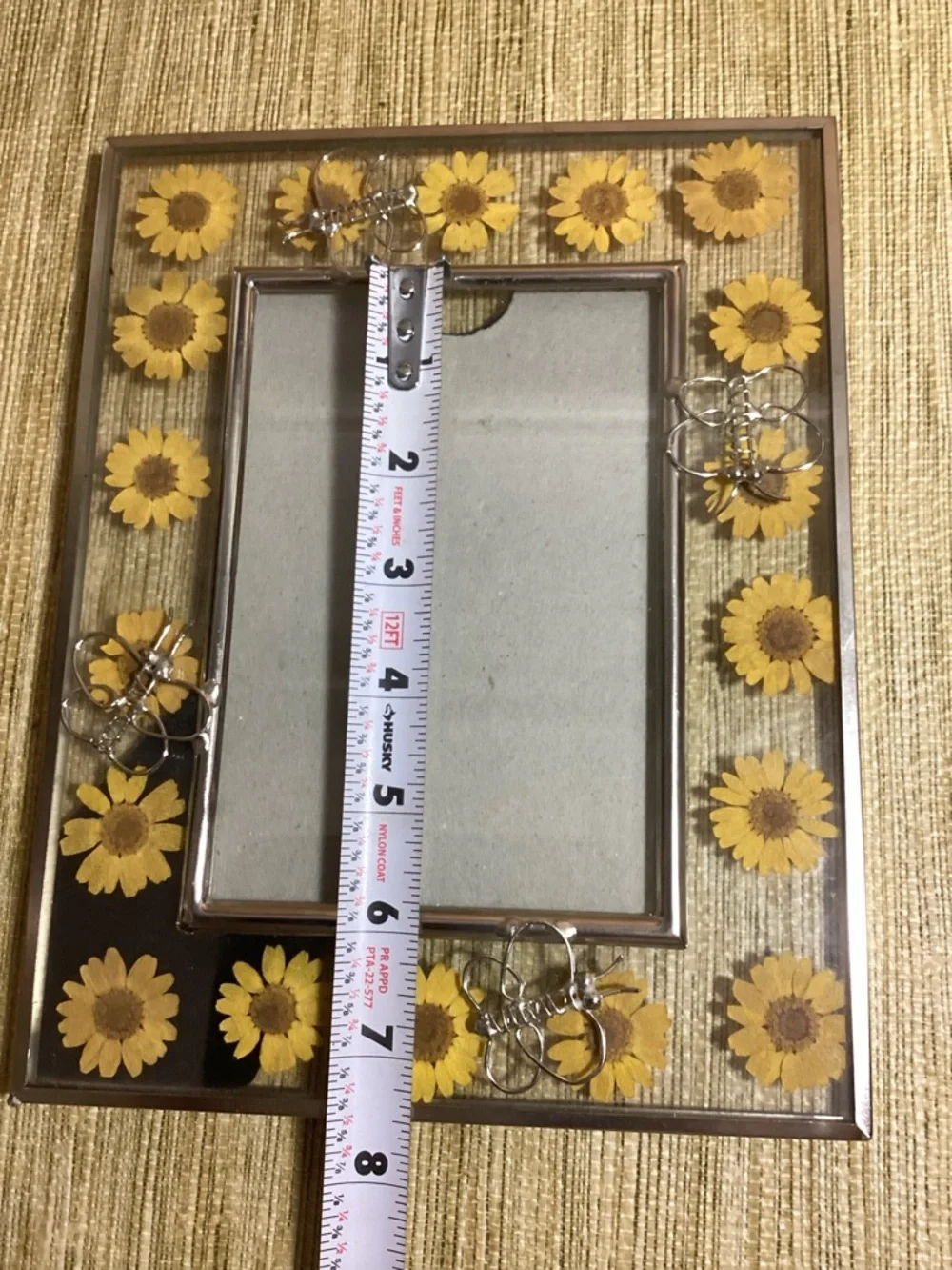 Pressed Sunflower in Glass Photo Frame with Silver Accents of Butterflies